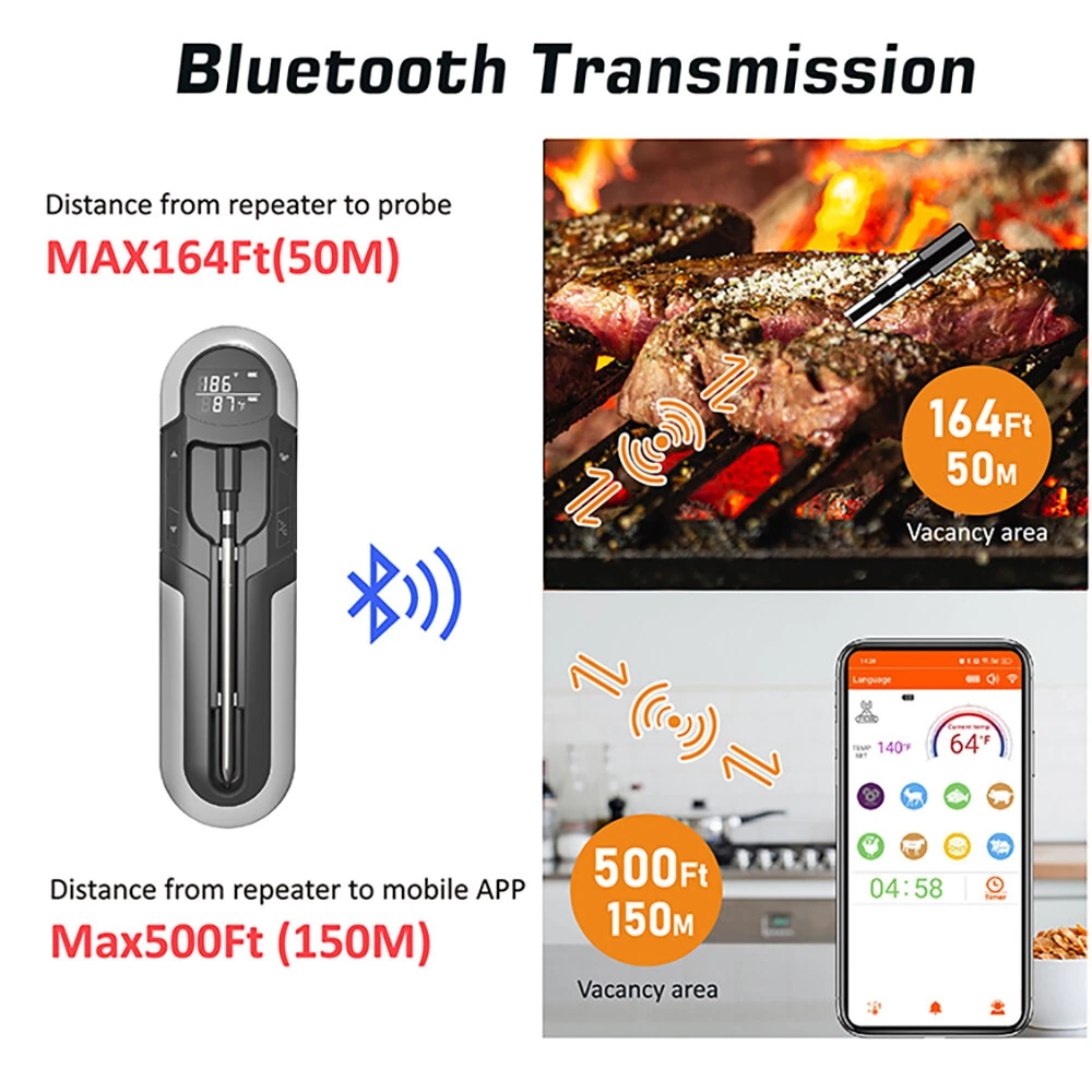 (image for) -4&deg;F to 212&deg;F Bluetooth Wireless Meat Steak Food Electronic Thermometer Grill Probe Smart Meat Food Kitchen Wireless Grill Thermometer